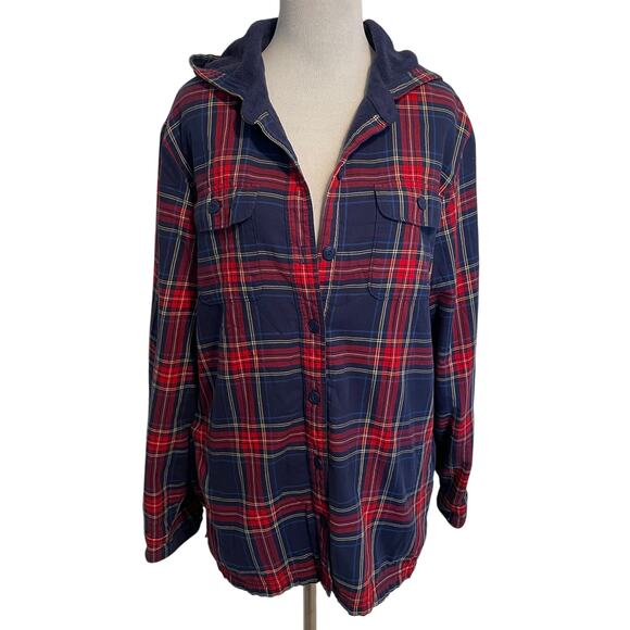 L.L. Bean Cotton Shacket Womens Medium Red & Blue Plaid Hooded Shirt Jacket - Picture 1 of 9